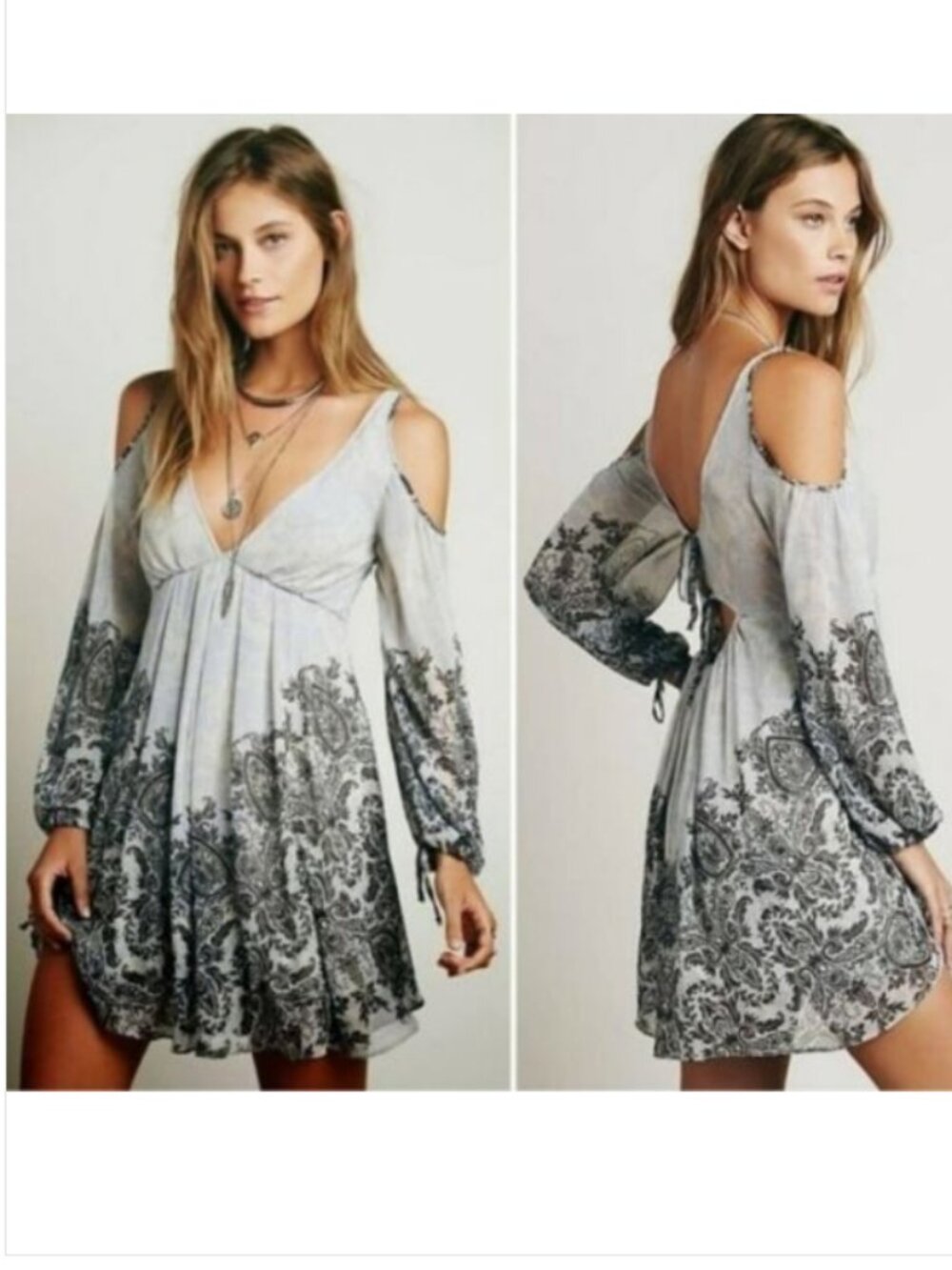 Free People Blue Gray Print Cold Shoulder Mini Dress